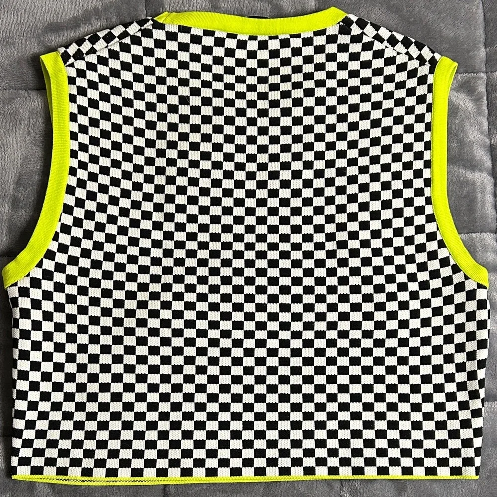 Zara Black and White Checkered Top with Neon Accents - Picture 6 of 8